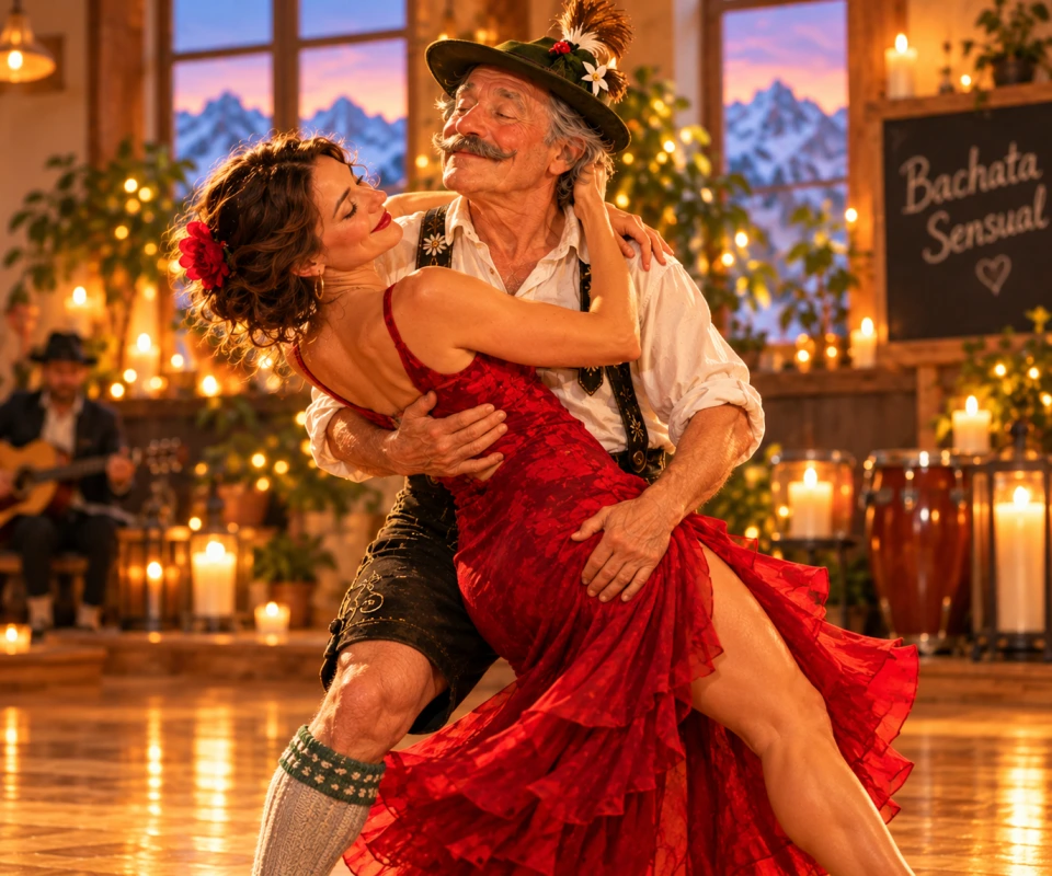 Der Sepp tanzt Bachata Sensual mit einer Partnerin in einem warm beleuchteten Studio.