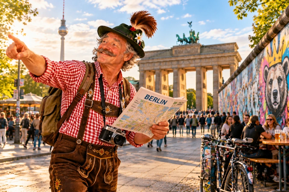 Der Sepp steht mit Stadtplan vor dem Brandenburger Tor in Berlin.