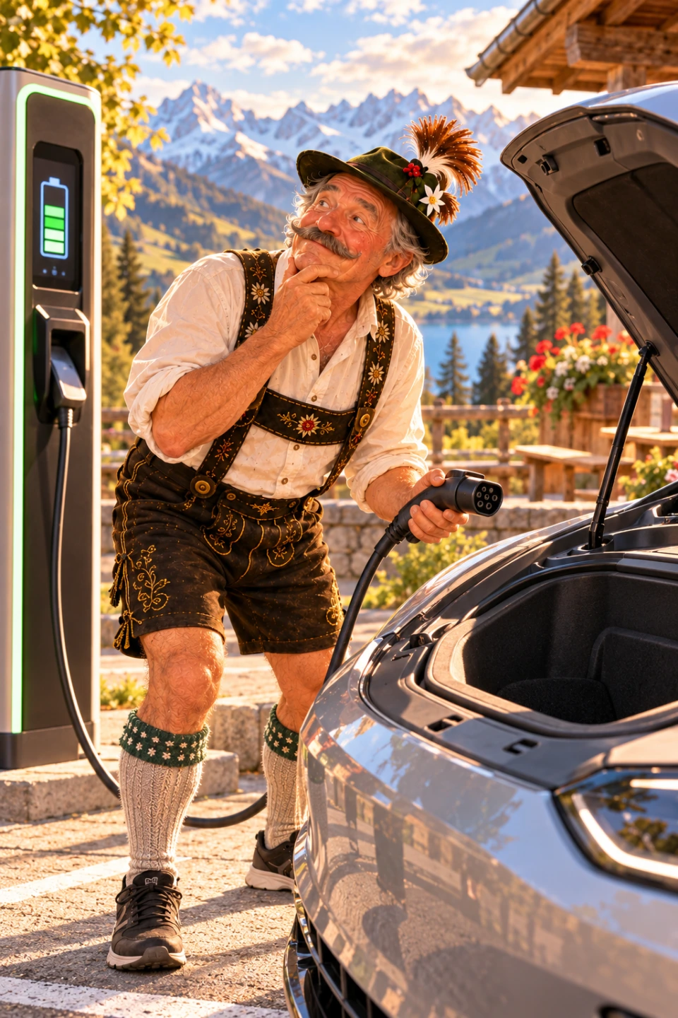 Der Sepp steht mit einem Ladestecker vor einem Elektroauto in den Bergen.