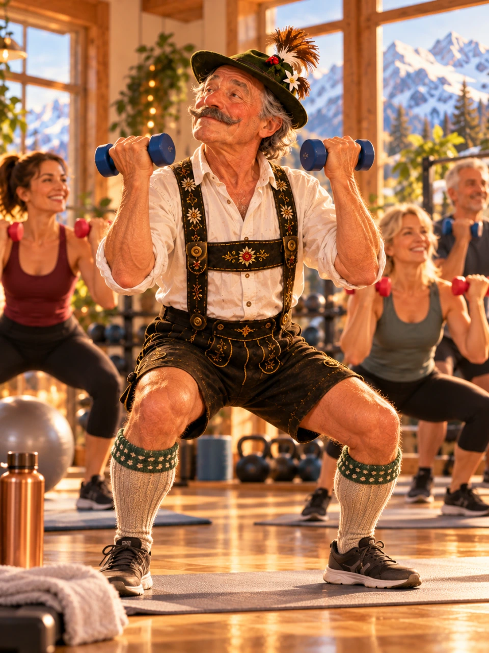 Der Sepp macht mit Kurzhanteln Kniebeugen in einem Fitnesskurs.