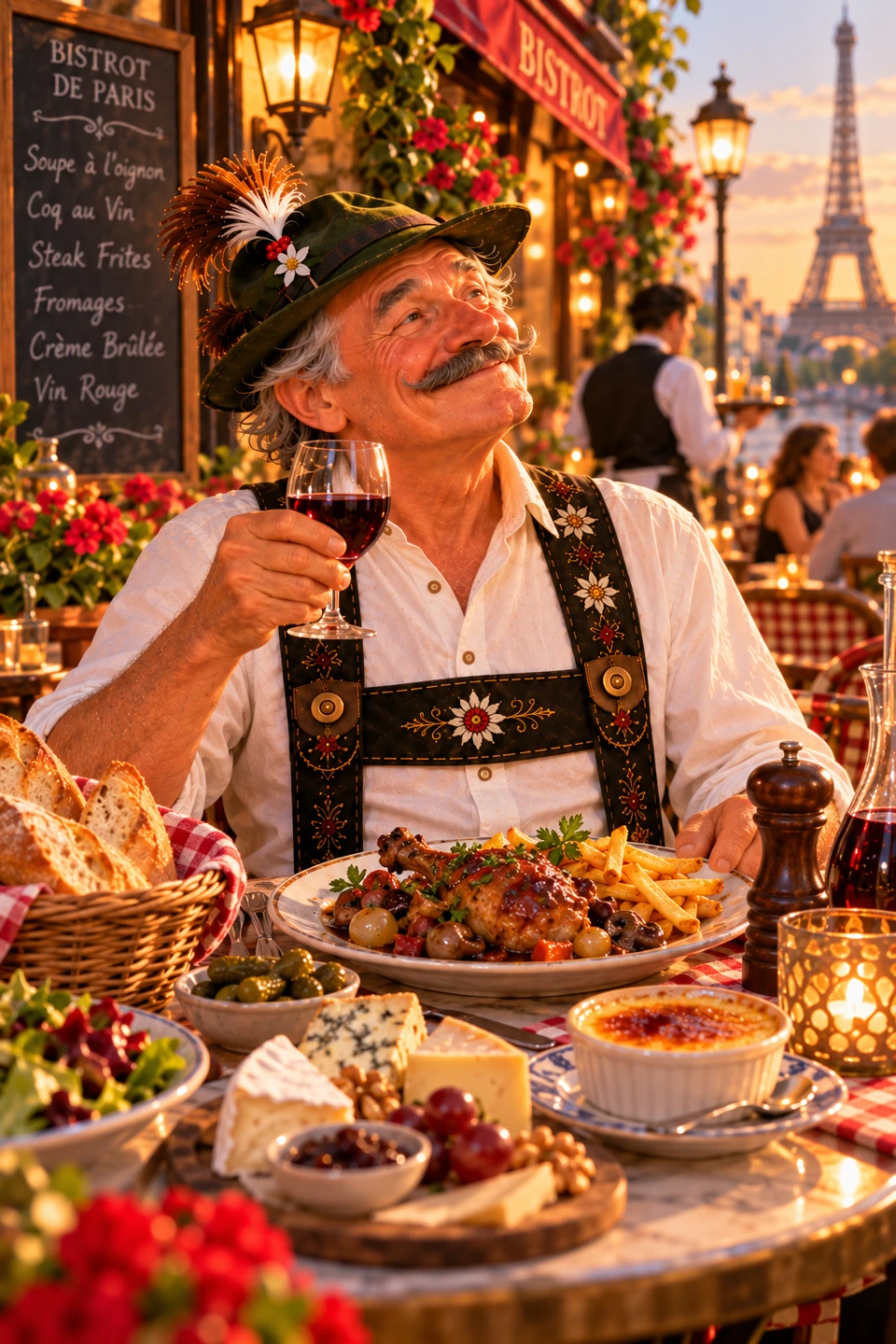 Der Sepp sitzt in einem französischen Bistro mit Rotwein und französischen Speisen.