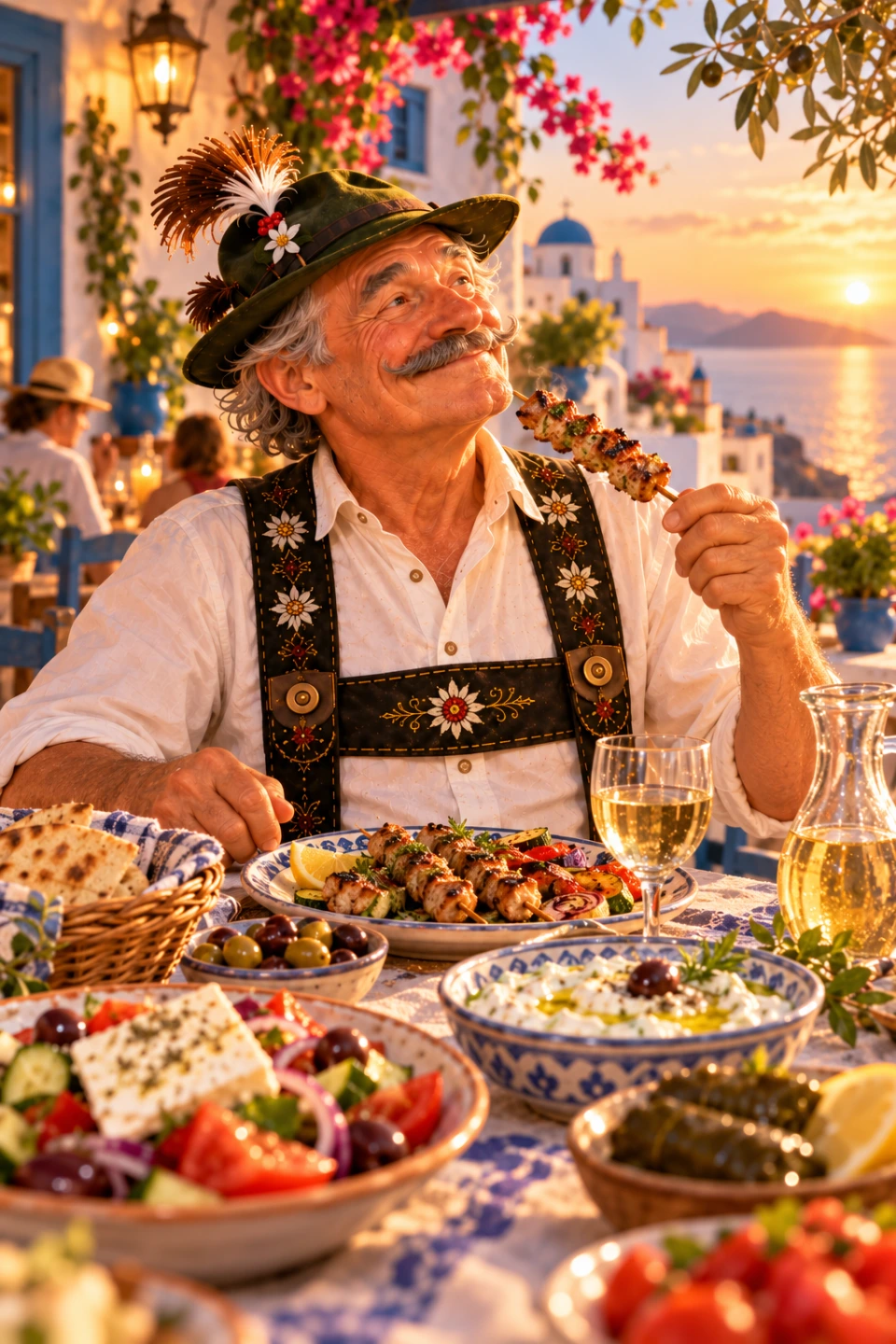 Der Sepp sitzt in einer griechischen Taverne vor Mezedes, Gyros und Tzatziki.