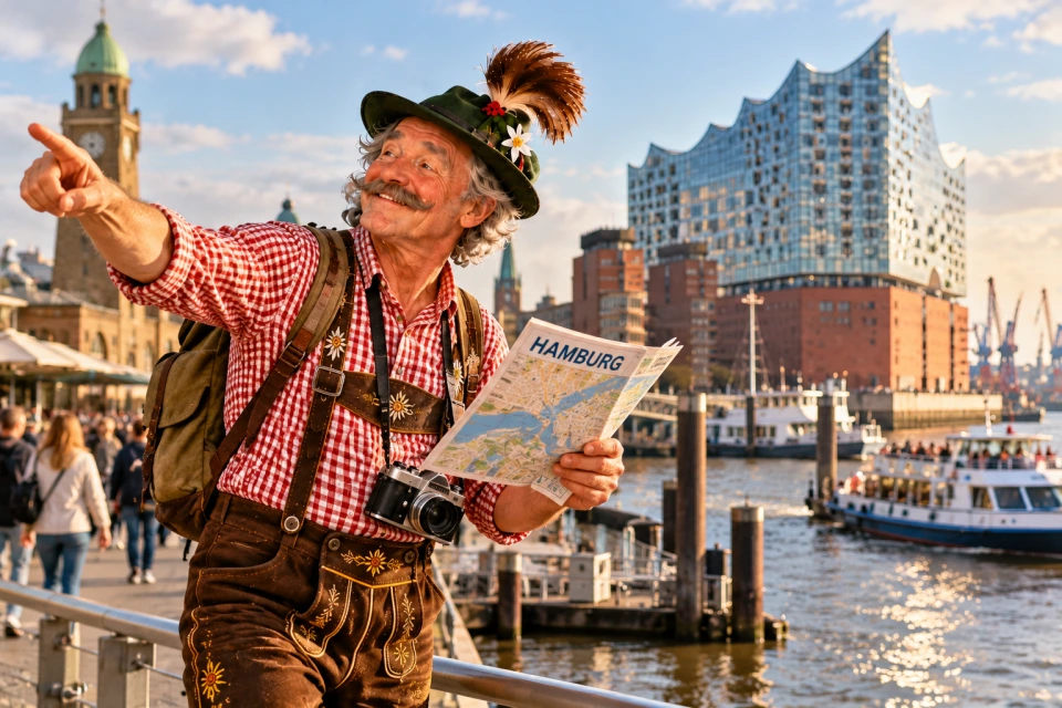 Der Sepp steht mit Stadtplan am Hamburger Hafen vor der Elbphilharmonie.