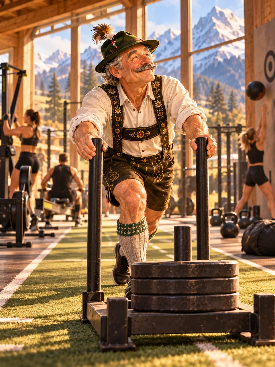 Der Sepp schiebt in einer Trainingshalle einen beschwerten Schlitten.