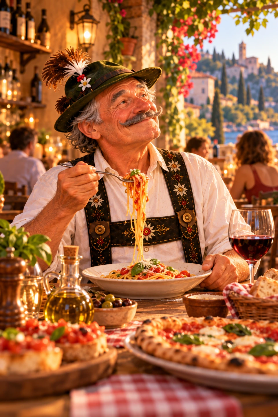 Der Sepp sitzt beim Italiener vor einem Teller Spaghetti.