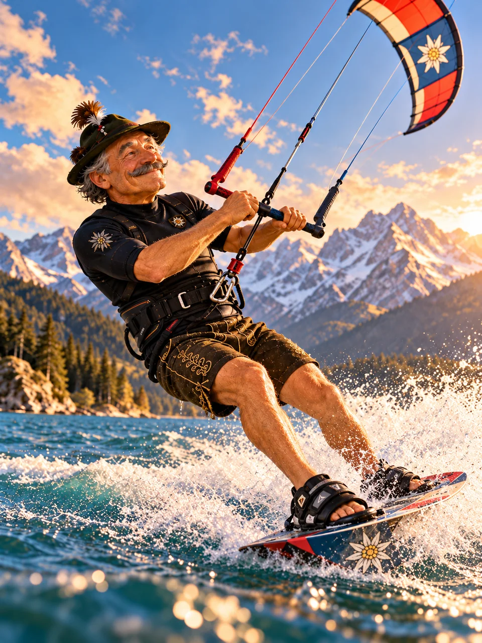 Der Sepp kitesurft auf einem Alpensee vor Bergkulisse.