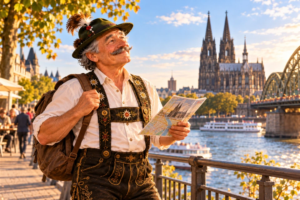 Der Sepp steht mit Stadtplan am Rhein vor dem Kölner Dom.