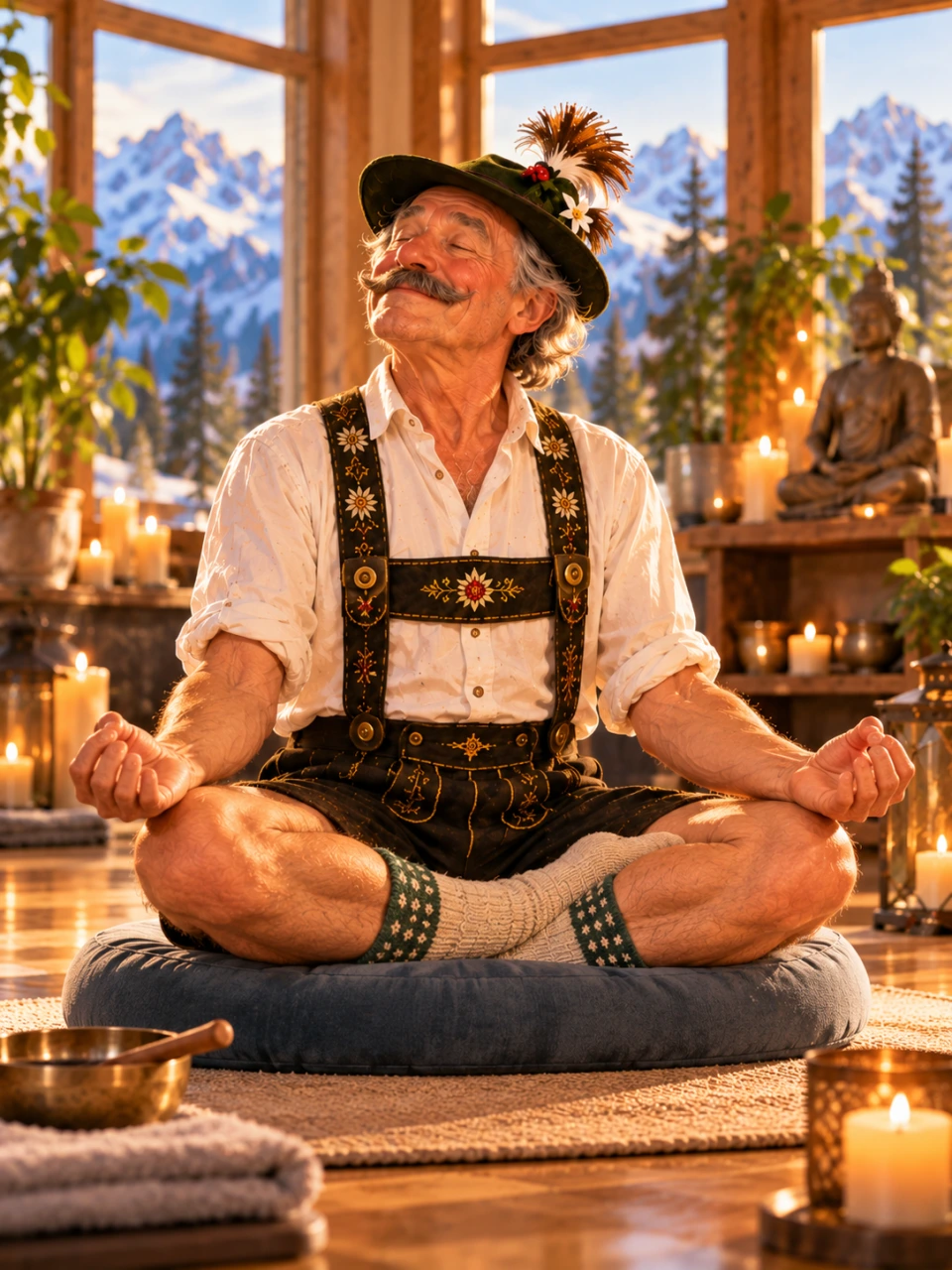 Der Sepp meditiert im Schneidersitz in einem ruhigen, warm beleuchteten Studio.