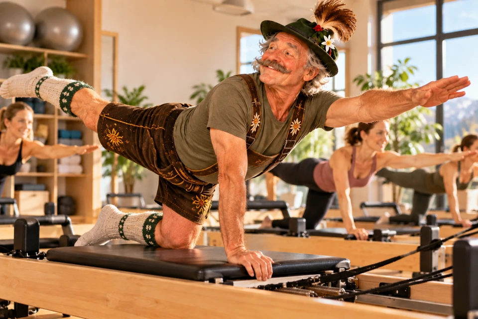 Der Sepp macht eine Pilates-Übung auf einem Reformer in einem hellen Studio.