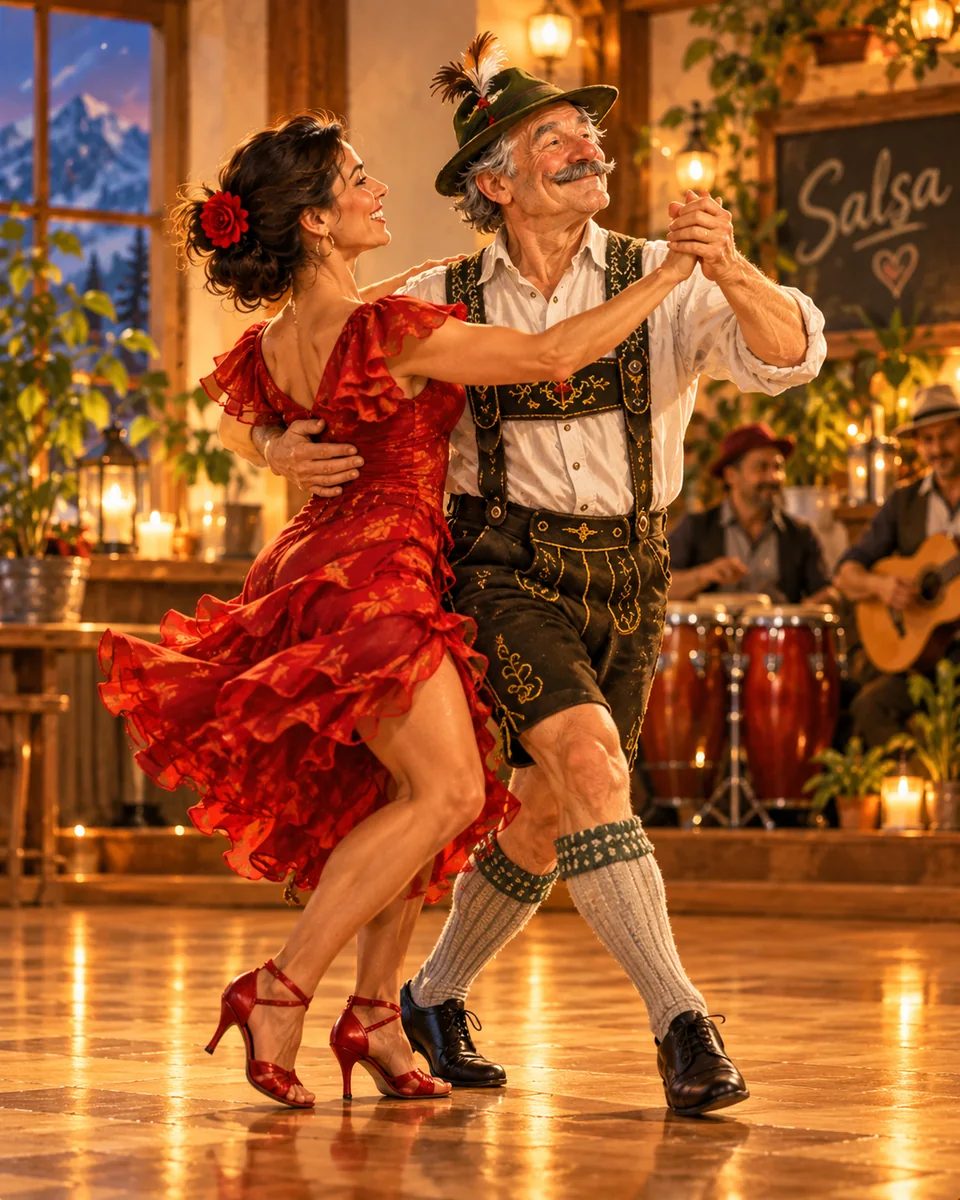Der Sepp tanzt Salsa mit einer Partnerin in einem warm beleuchteten Tanzstudio.