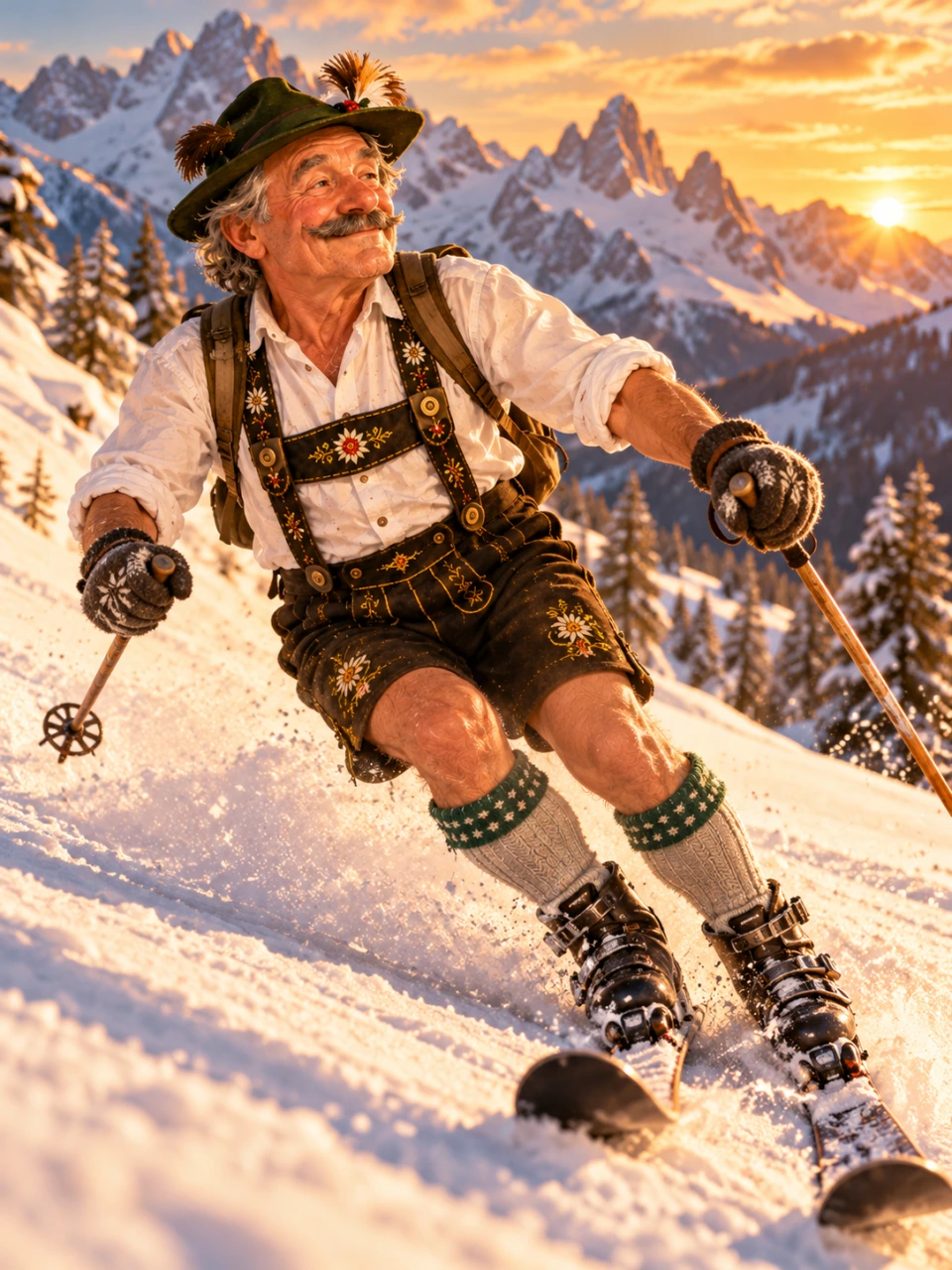 Der Sepp fährt auf Skiern einen verschneiten Alpenhang hinab.