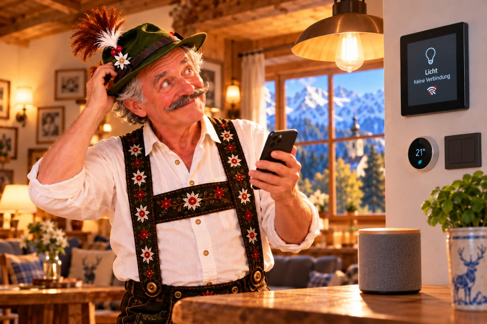 Der Sepp steht in einer warmen Stube zwischen neutralen Smart-Home-Geräten.