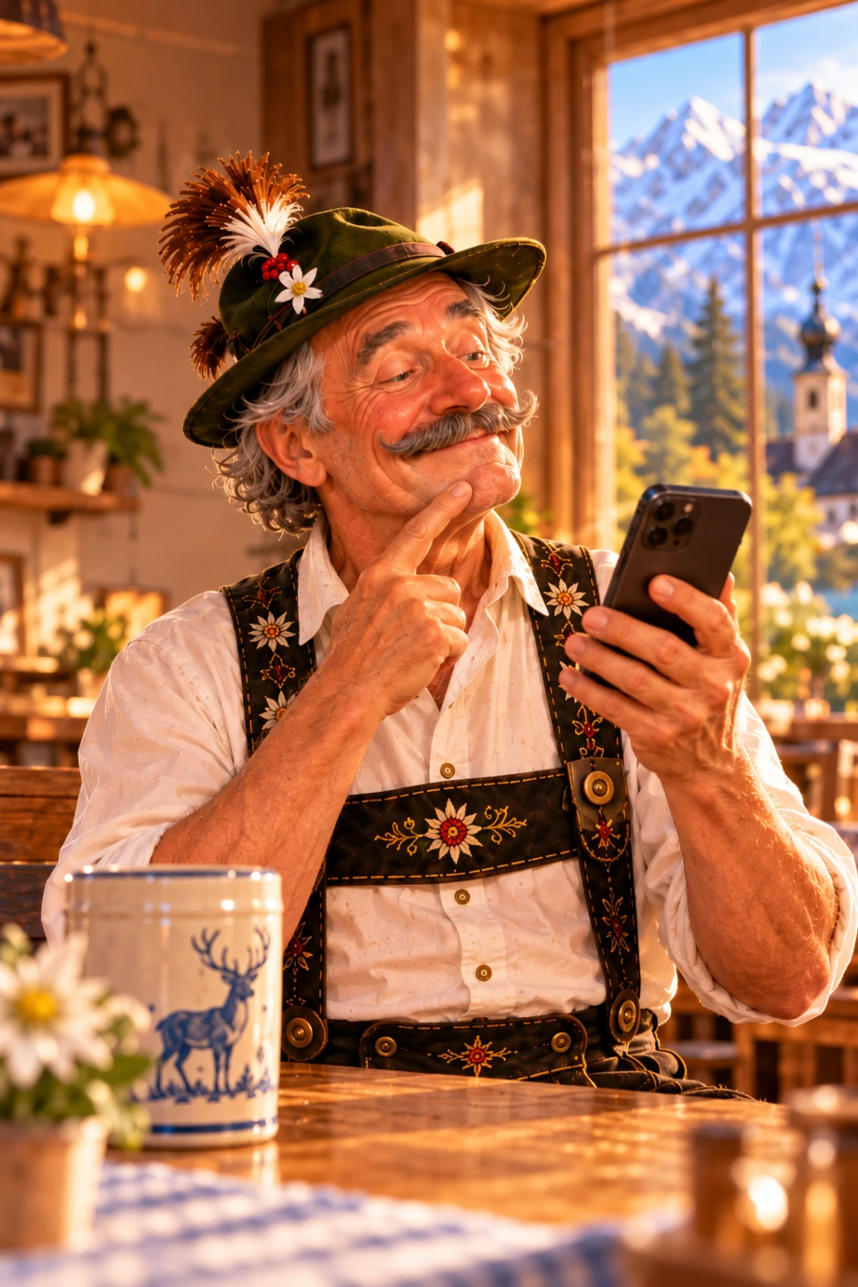 Der Sepp betrachtet in einer warmen Stube neugierig ein Smartphone.