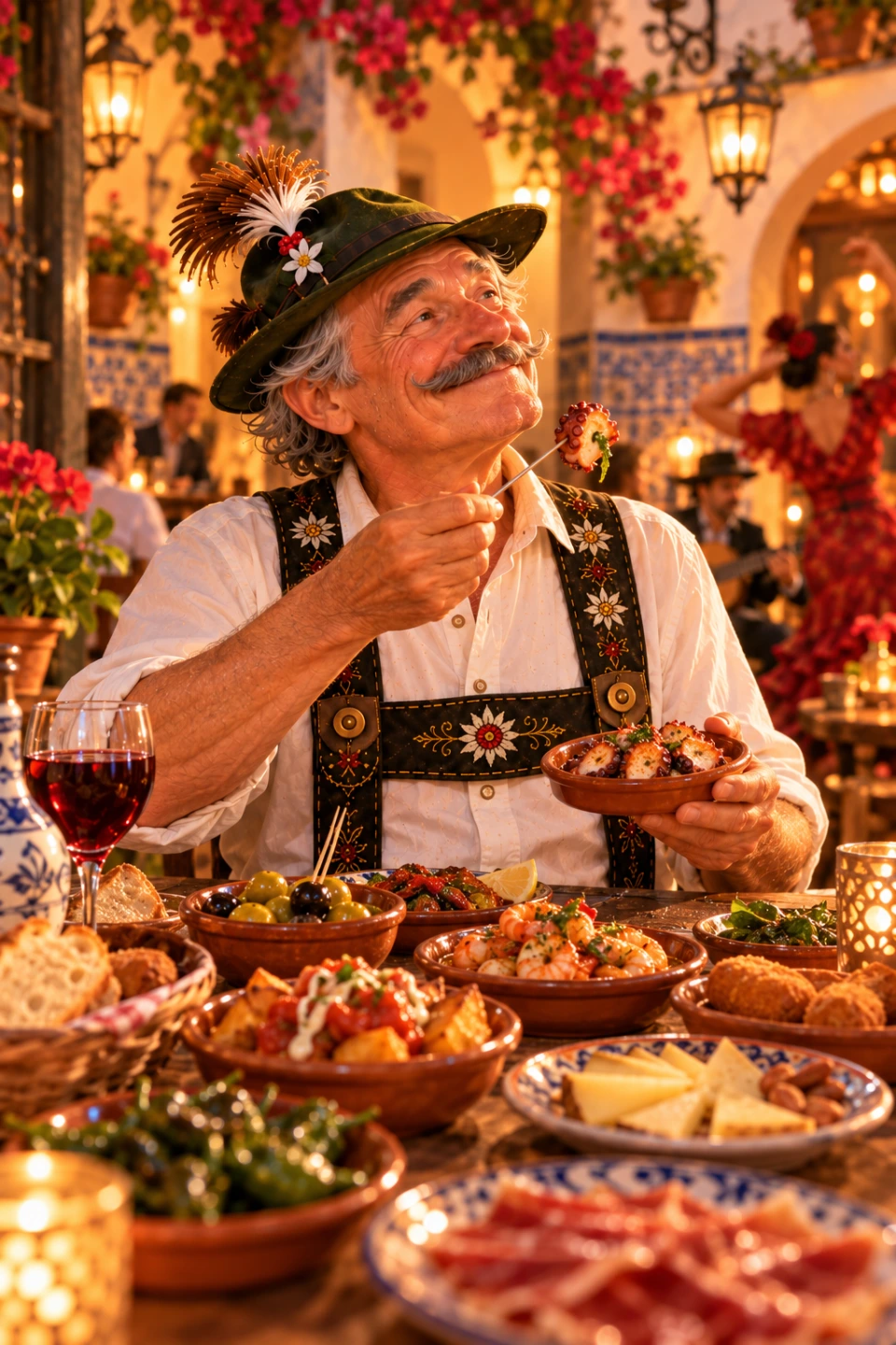 Der Sepp sitzt beim Spanier an einem Tisch voller Tapas und kleiner Teller.