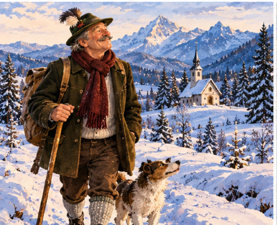 Der Sepp wandert mit Hut, Lederhose und Hund durch eine winterliche bayerische Berglandschaft.