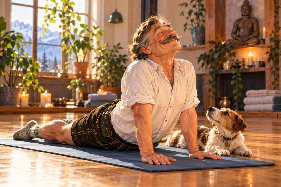 Der Sepp macht Yoga auf einer Matte, neben ihm liegt ein kleiner Hund.